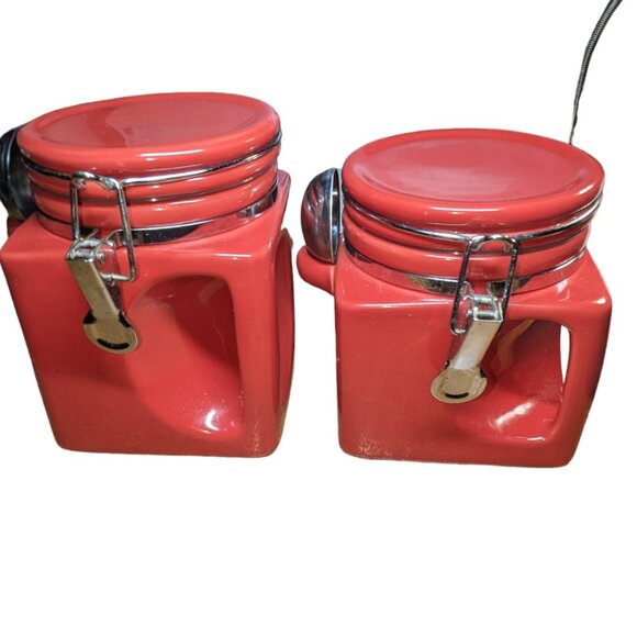 Oggi EZ Grip Red Ceramic Canister Set 2 Pantry Jars Spoons Food Storage Airtight - Picture 3 of 7